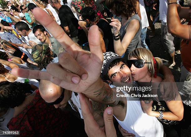 Clubbers dance during the matinee at Space nightclub on June 3, 2007 in Spain Ibiza. The matinee is an all day event and starts at eight in the...