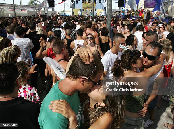 Clubbers dance during the matinee at Space nightclub on June 3, 2007 in Spain Ibiza. The matinee is an all day event and starts at eight in the...