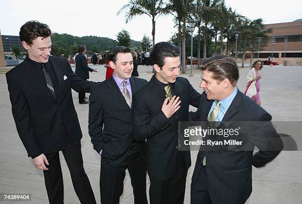 Castmembers from the Four Seasons Erich Bergen, Michael Ingersoll, Christopher Kale Jones and Deven May pose during the opening night party for...