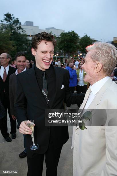 Castmember Actor Erich Bergen with Four Season Music Producer Bob Crewe talk during the opening night party for "Jersey Boys" the 2006 Tony Award...