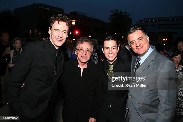 Castmember Actor Erich Bergen, Singer Frankie Valli and Castmembers Actor Christopher Kale Jones and Actor Joseph Siravo pose during the opening...