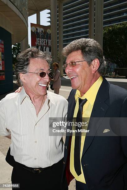 Singers Frankie Valli and Frankie Avalon arrive at the opening night performance of "Jersey Boys" the 2006 Tony Award winner for Best Musical, that...