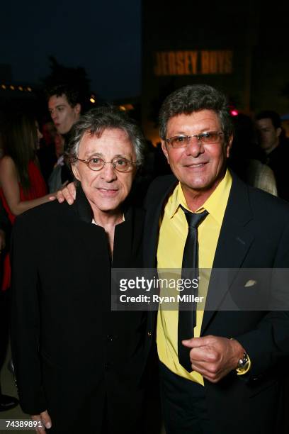 Singer Frankie Valli and Singer Frankie Avalon pose during the opening night party for "Jersey Boys" the 2006 Tony Award winner for Best Musical,...
