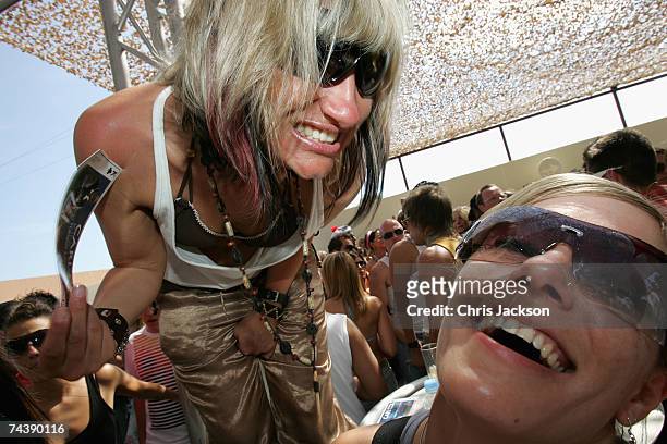 Clubbers enjoy the opening matinee at Space nightclub on June 3, 2007 in Spain Ibiza. The matinee is an all day event and starts at eight in the...