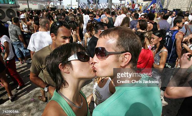 Clubbers dance during the matinee at Space nightclub on June 3, 2007 in Spain Ibiza. The matinee is an all day event and starts at eight in the...