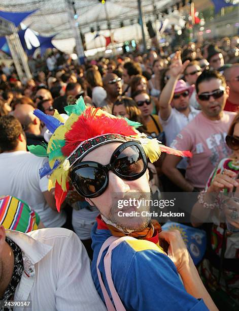 Clubbers enjoy the opening matinee at Space nightclub on June 3, 2007 in Spain Ibiza. The matinee is an all day event and starts at eight in the...