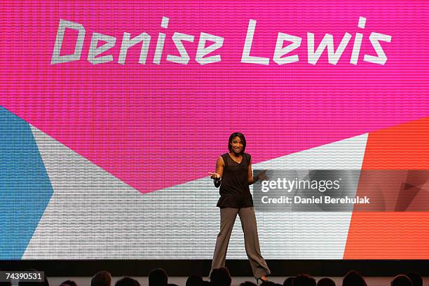 Former Olympic athlete Denise Lewis speaks during the launch of the 2012 Olympic and Paralympic brand and vision at the Roundhouse on June 4, 2007 in...