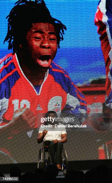 Paralympian basketball player Ade Adepitan speaks during the launch of the 2012 Olympic and Paralympic brand and vision at the Roundhouse on June 4,...