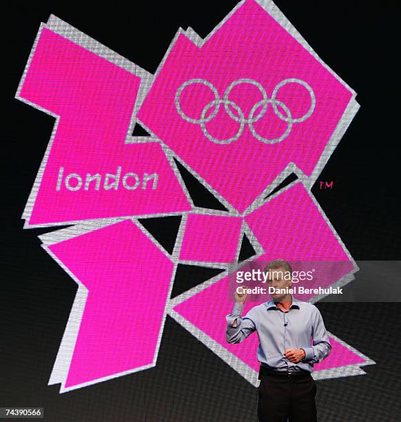 Of LOCOG Paul Deighton presents the new 2012 Emblem at the launch of the 2012 Olympic and Paralympic brand and vision at the Roundhouse on June 4,...