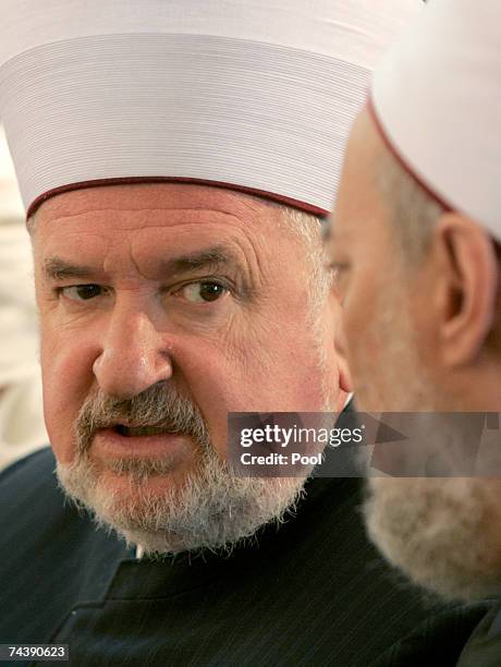 The Grand Mufti of Bosnia, Sanjak, Croatia and Slovenia, Mustafa Ceric speaks with the Grand Mufti of Egypt Shaykh Ali Gomaa at a press conference...