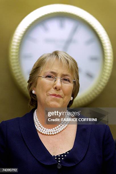 Chilean President Michelle Bachelet addresses a special session of the United Nations Human Rights council 04 June 2007 in Geneva. Bachelet is on a...