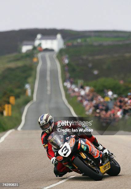 John McGuinness in action at Creg-ny-Baa during the Bennetts Superbike race at the Isle of Man TT Races on Jun 4, 2007 in Douglas, Isle of Man.