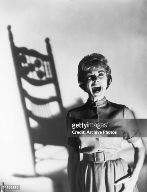 American actress Janet Leigh performs one of her famous screams in a publicity still for the horror classic 'Psycho', directed by Alfred Hitchcock,...