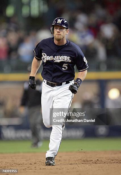 Geoff Jenkins of the Milwaukee Brewers runs the bases against the Minnesota Twins on May 20, 2007 at Miller Park in Milwaukee, Wisconsin. The Brewers...