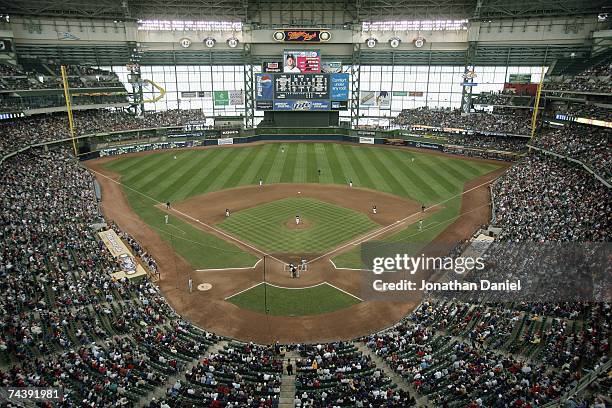 General view of Miller Park taken during the game between the Milwaukee Brewers and the Minnesota Twins on May 20, 2007 at Miller Park in Milwaukee,...