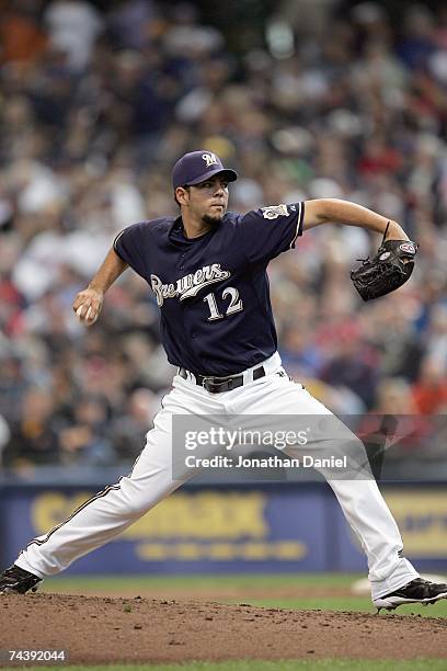 Carlos Villanueva the Milwaukee Brewers delivers the pitch against the Minnesota Twins on May 20, 2007 at Miller Park in Milwaukee, Wisconsin. The...