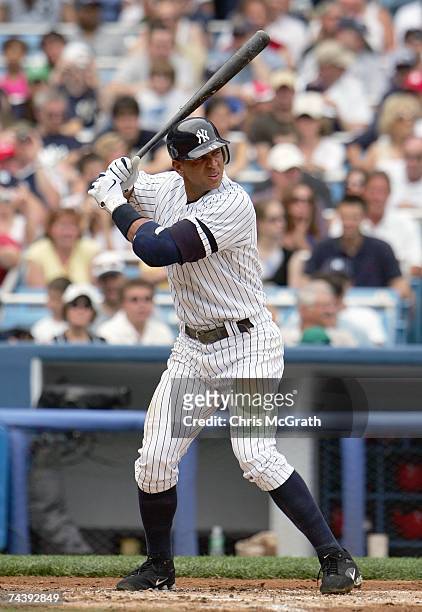 Alex Rodriguez of the New York Yankees stands at bat against the Los Angeles Angels of Anaheim May 26, 2007 at Yankee Stadium in the Bronx borough of...