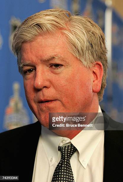 General Manager, Brian Burke of the Anaheim Ducks speaks to the media during the NHL general managers meeting on June 4, 2007 at the Brookstreet...