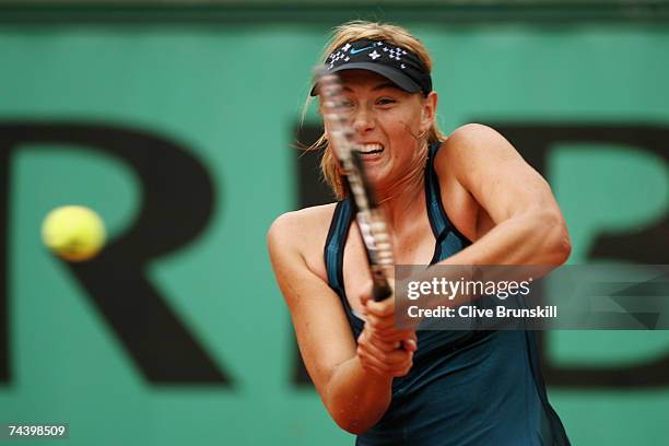 Maria Sharapova of Russia in action against Anna Chakvetadze of Russia during the Women's Singles Quarter Final match on day ten of the French Open...