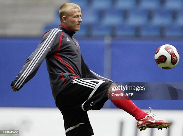 Slovakia's national football team midfielder Marek Sapara kicks the ball during a training session, 05 June 2007 at the AOL Arena stadium in Hamburg,...