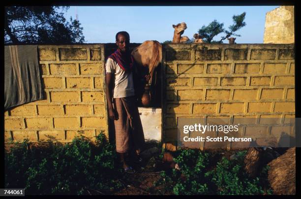 Baidoan stands near camels December 17, 1992 in Baidoa, Somalia. From August to November 1992, an estimated 21,000 of Baidoa's 37,000 population died...