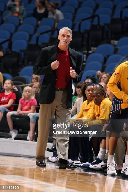 Head coach Brian Winters of the Indiana Fever walks the sideline during the WNBA game against the Minnesota Lynx on May 29, 2007 at Target Center in...