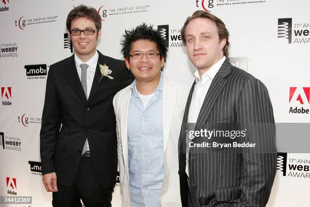 Executive director of The Webby Awards David-Michel Davies, co-founders of YouTube Steve Chen and Chad Hurley arrive at the 11th Annual Webby Awards...