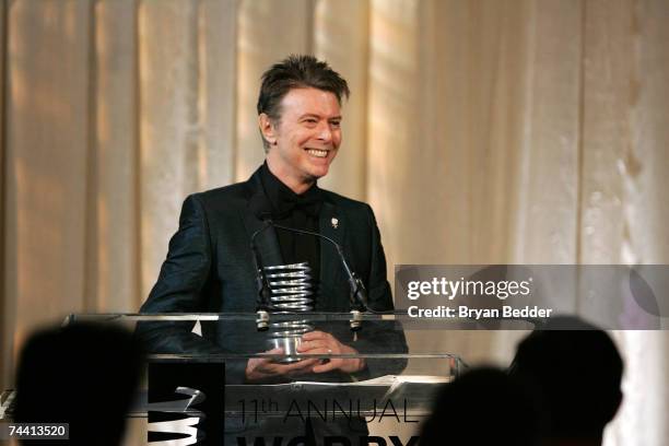 Musician David Bowie speaks onstage while accepting the Webby Lifetime Achievement award at the 11th Annual Webby Awards at Chipriani Wall Street on...