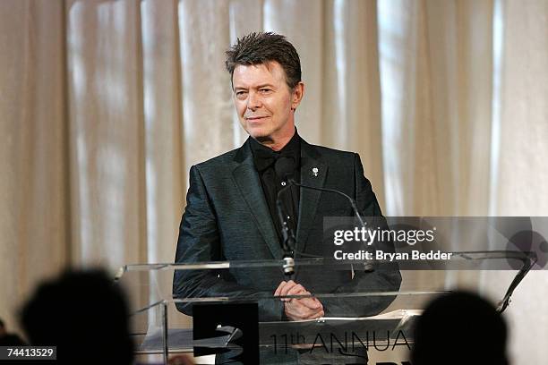 Musician David Bowie speaks onstage while accepting the Webby Lifetime Achievement award at the 11th Annual Webby Awards at Chipriani Wall Street on...