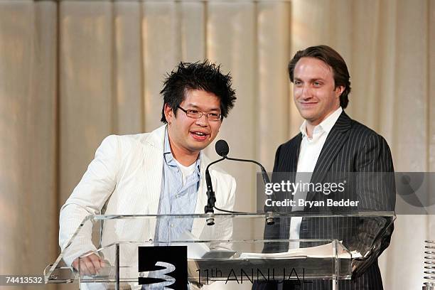 Co-founders of YouTube Steve Chen and Chad Hurley speak onstage while receiving the Webby Person of the Year award at the 11th Annual Webby Awards at...