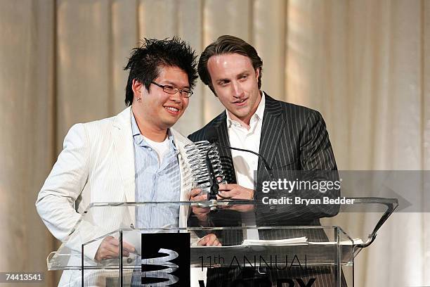 Co-founders of YouTube Steve Chen and Chad Hurley speak onstage while receiving the Webby Person of the Year award at the 11th Annual Webby Awards at...
