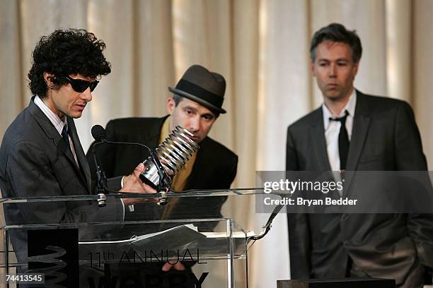 Musicians Adam Horovitz, Mike Diamond and Adam Yauch of the Beasty Boys speak onstage while receiving the Webby Artist of the Year at the 11th Annual...