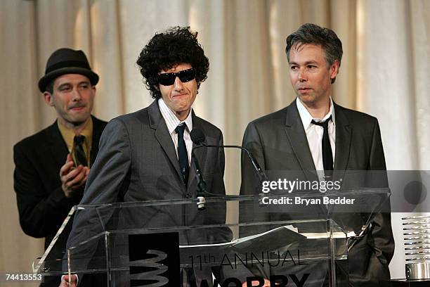Musicians Adam Horovitz, Mike Diamond and Adam Yauch of the Beasty Boys speak onstage while receiving the Webby Artist of the Year at the 11th Annual...