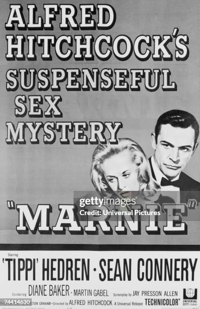 The poster for 'Marnie', 'Alfred Hitchcock's suspenseful sex mystery', starring Sean Connery and Tippi Hedren, 1964.