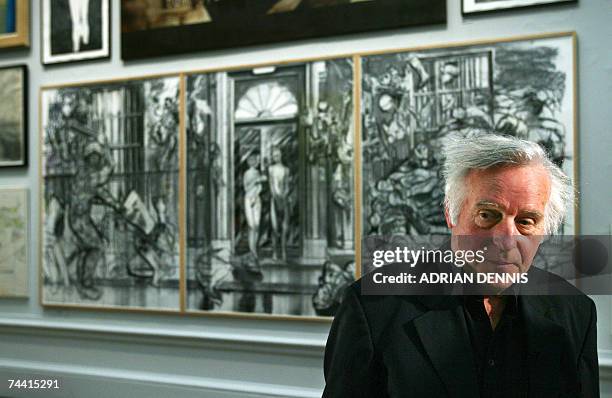 London, UNITED KINGDOM: Artist Michael Sandle poses 06 June 2007 in front of his work, a charcoal drawing showing British Prime Minister Tony Blair...