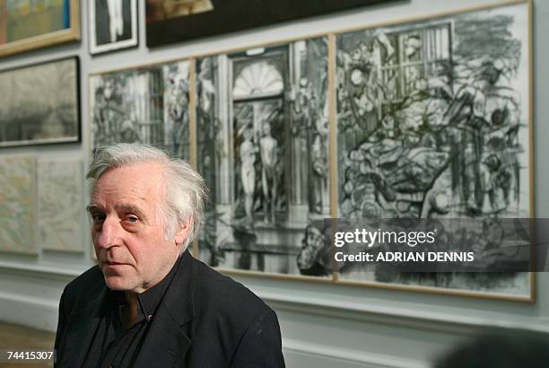 London, UNITED KINGDOM: Artist Michael Sandle poses 06 June 2007 in front of his work, a charcoal drawing showing British Prime Minister Tony Blair...