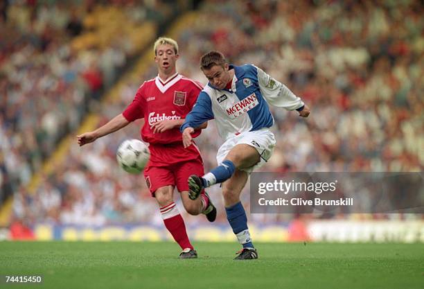 Footballer Graham Le Saux with Robbie Fowler during Liverpool's Premier League match against Blackburn, Anfield, 16th September 1995.