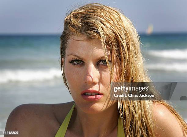 Actress Meredith Ostrom poses as Ursula Andres for a portrait session on Playa D'En Bossa beach during the Ibiza and Formentera International film...