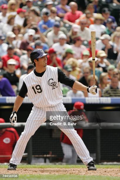 Ryan Spilborghs of the Colorado Rockies pinch hits against the Cincinnati Reds in the sixth inning on June 3, 2007 at Coors Field in Denver,...