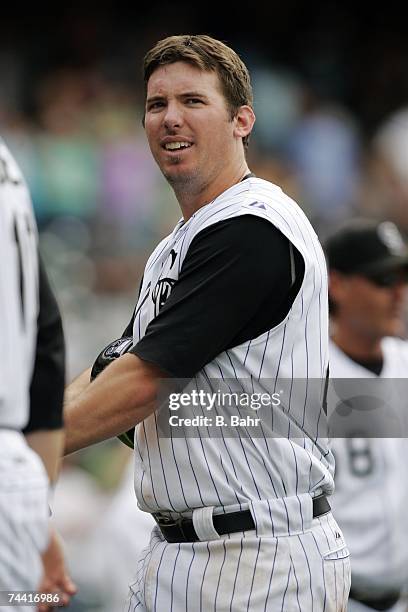 Garrett Atkins of the Colorado Rockies grins after hitting the winning RBI against the Cincinnati Reds in the 10th inning on June 3, 2007 at Coors...