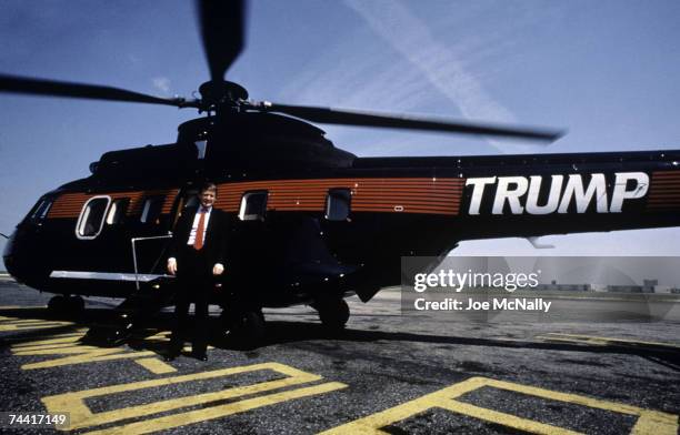 Donald Trump, real estate mogul, entrepreneur, and billionare, utilizes his personal helicopter to get around on August 1987 in New York City.