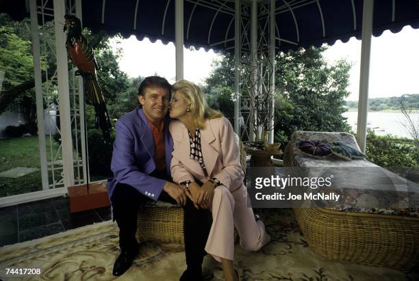 Donald Trump, real estate mogul, entrepreneur, and billionare, relaxes at his home with his wife, Ivana Trump, in August 1987 in Greenwich,...