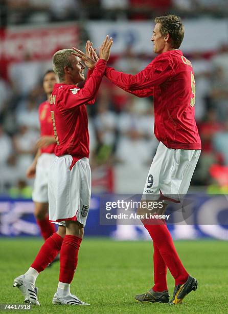 Peter Crouch of England celebrates his goal with David Beckham during the Euro 2008 qualifying match between Estonia and England at the A.Le Coq...