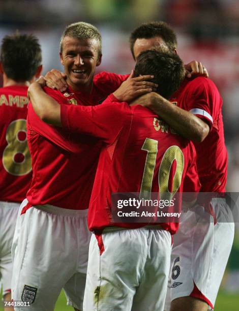 Michael Owen of England celebrates his goal with David Beckham during the Euro 2008 qualifying match between Estonia and England at the A.Le Coq...