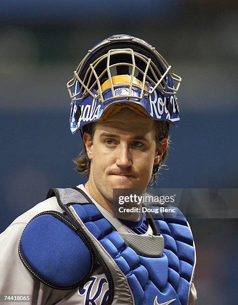 Catcher John Buck of the Kansas City Royals looks on against the Tampa Bay Devil Rays at Tropicana Field on June 2, 2007 in Tampa, Florida.