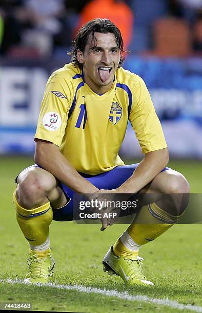 Sweden's Zlatan Ibrahimovic grimaces after the final whistle of the Euro2008 Group F qualifying football match against Iceland at Solna's Rasunda...