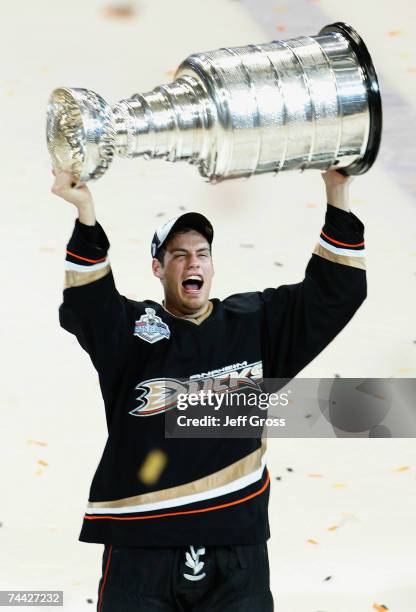 Ryan Getzlaf of the Anaheim Ducks celebrates lifting the Stanley Cup after defeating the Ottawa Senators in Game Five of the 2007 Stanley Cup finals...