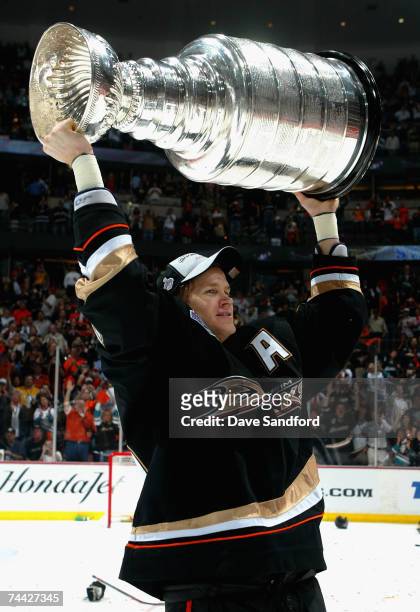 Chris Pronger of the Anaheim Ducks celebrates lifting the Stanley Cup after defeating the Ottawa Senators in Game Five of the 2007 Stanley Cup finals...