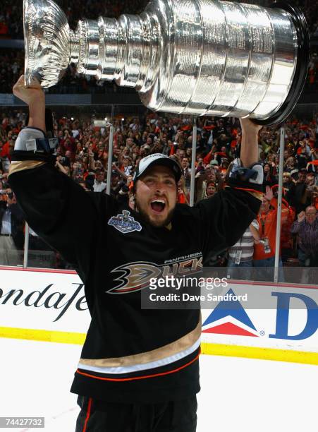 Teemu Selanne of the Anaheim Ducks celebrates lifting the Stanley Cup after defeating the Ottawa Senators in Game Five of the 2007 Stanley Cup finals...