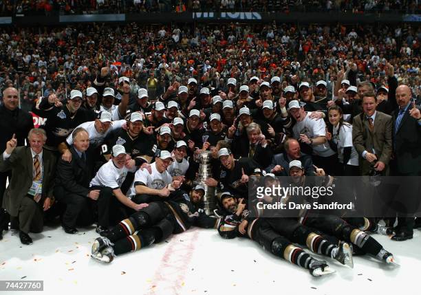 The Anaheim Ducks celebrate winning the Stanley Cup after defeating the Ottawa Senators in Game Five of the 2007 Stanley Cup finals on June 6, 2007...